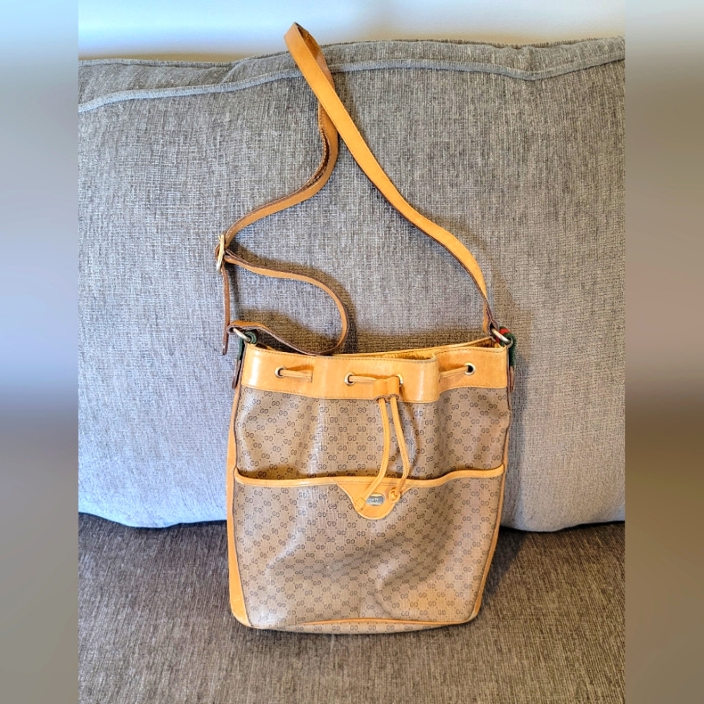 Gucci Canvas Crossbody Bucket Bag.